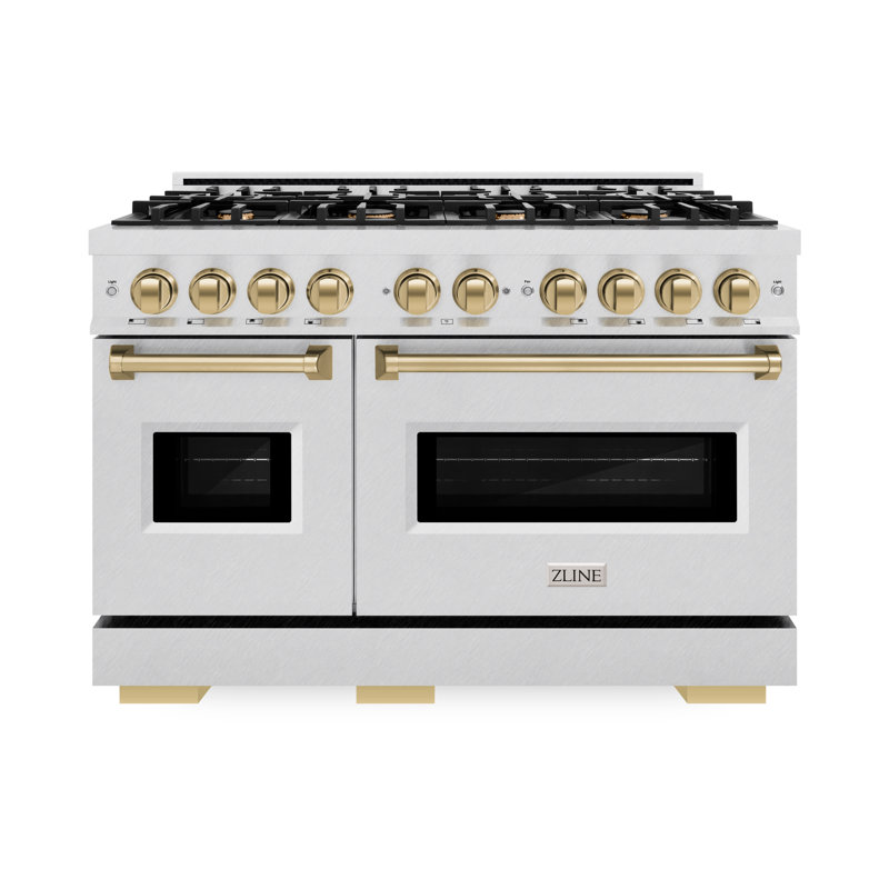 ZLINE Autograph Edition 48 in. 6.7 cu. ft. Classic Double Oven Gas Range with 8 Burner Cooktop, Gold, Satin Stainless Steel