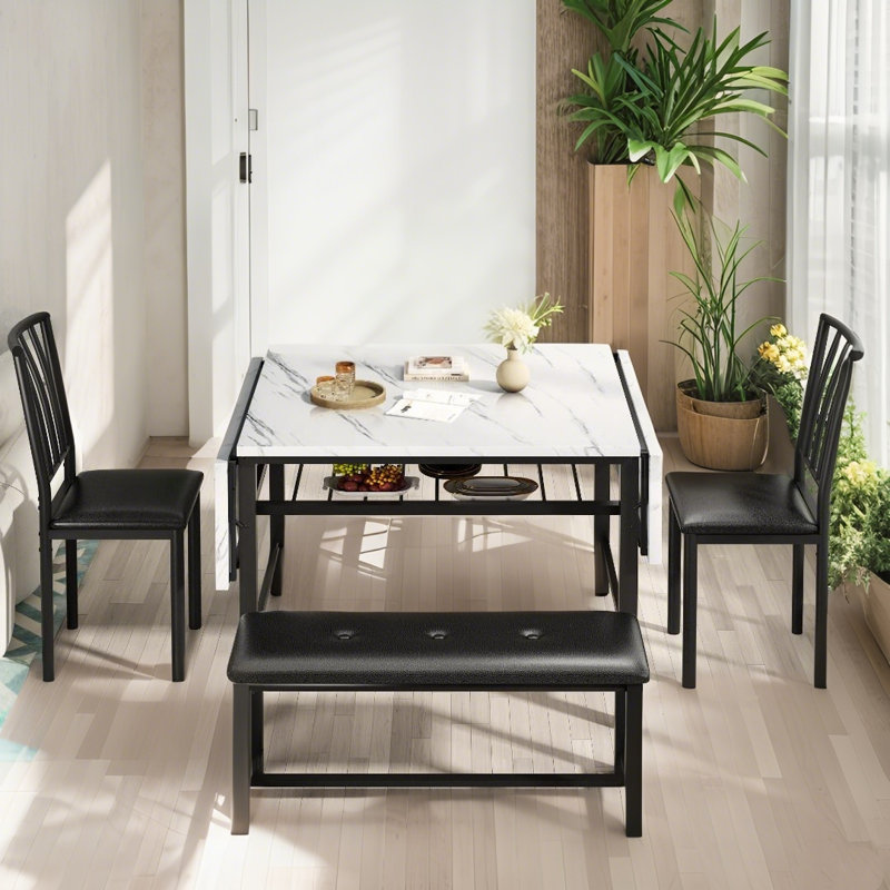Ensemble de table de salle à manger extensible 4 pièces pour 4 à 6 personnes, ensemble de table de salle à manger de style Mid-Century de 58 po avec table en faux marbre, 1 banc et 2 chaises à dossier, ensemble de table de salle à manger avec abatta