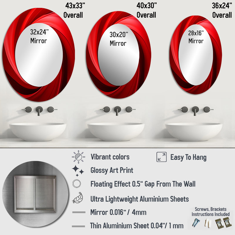 Red Perpetual Pulse Vortex - Red Modern Oval Wall Mirror, 36" x 24"