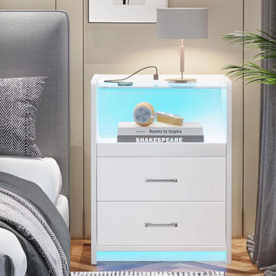 17.7''W 2 Drawers Nightstand Glasstop with 10 Million Colors LED Lights for DlY Setting