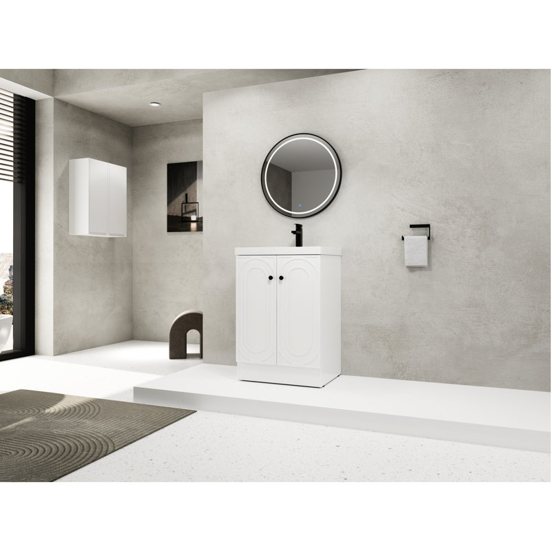 Armoire de salle de bain moderne avec lavabo en résine blanche, porte à fermeture douce et poignées en métal - 24 charnières, modèle autoportant 24 po