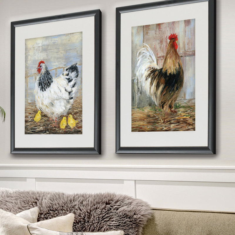 «Farmhouse Rooster», ensemble de 2 reproductions d'impressions encadrées, Impression encadrée, Noir