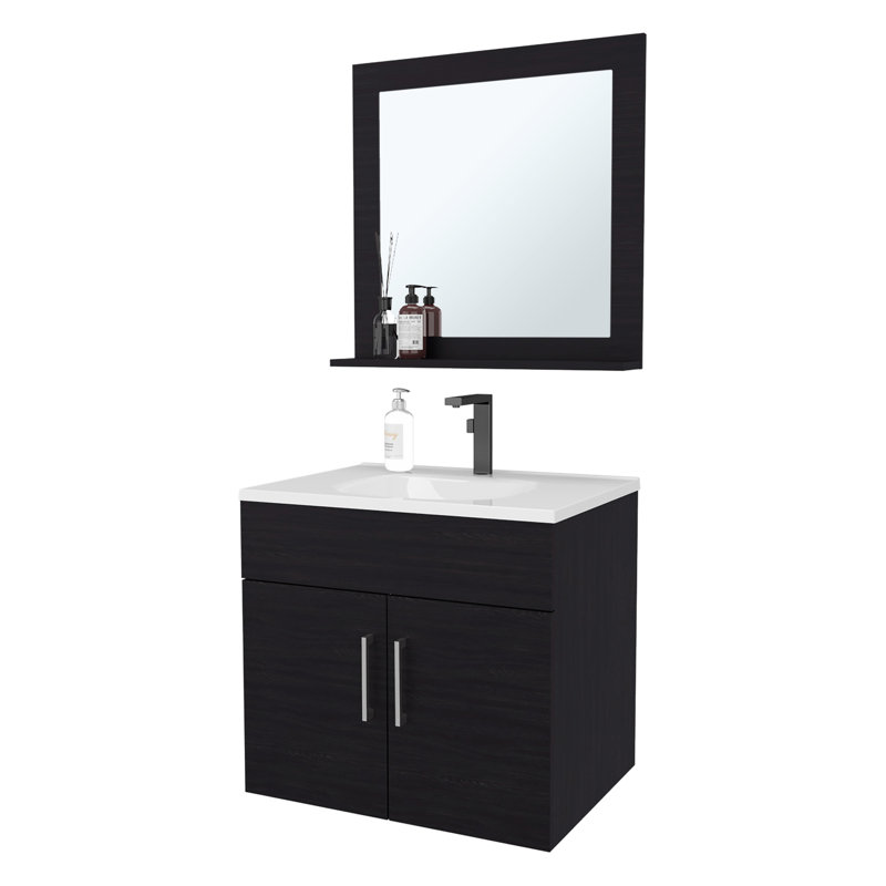Meuble-lavabo flottant à 2 portes avec lavabo et miroir - ombragé, fonctionnalité améliorée, matériau, finition de salle de bain moderne, armoires imperméables, miroir réfléchissant transparent, polyvalent classique