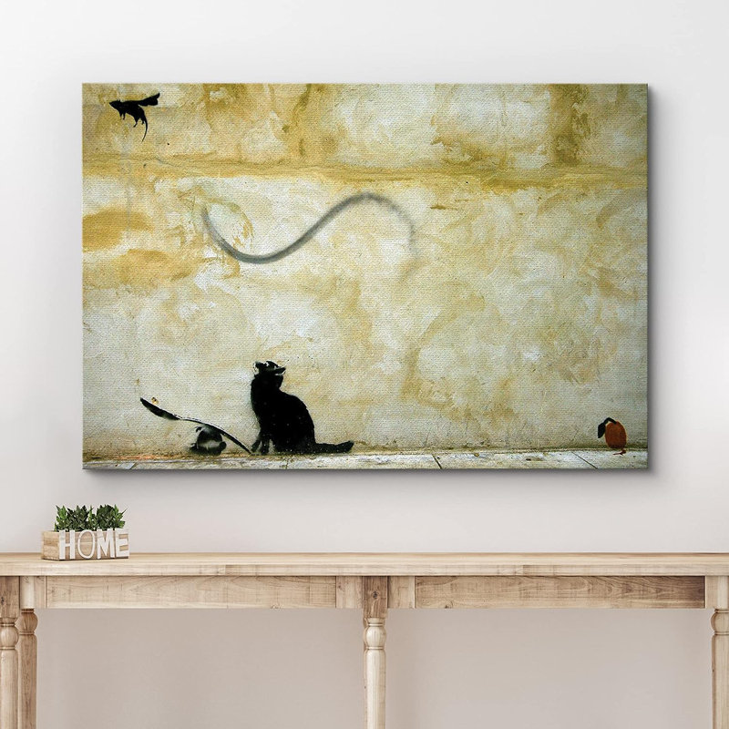 «Banksy Cat and Flying Superhero Mouse» sur toile, Toile tendue, H 12 po x l 18 po x P 1,5 po