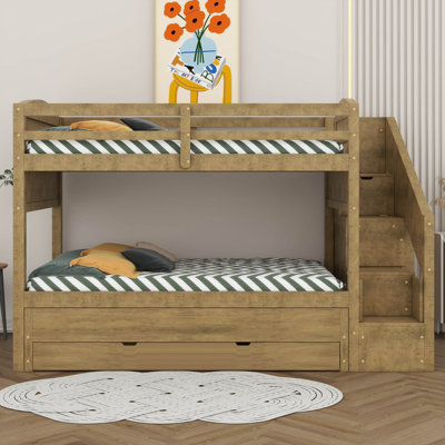 Lit superposé avec lit gigogne, escalier de rangement et garde-robe, lit superposé peu encombrant avec 3 tiroirs sous le lit