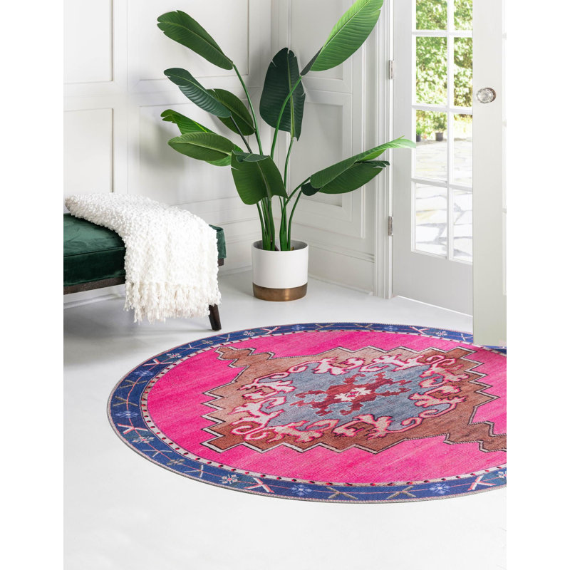 Tapis traditionnel d'Oppie fuchsia / violet, Rond 3 pi 6 po