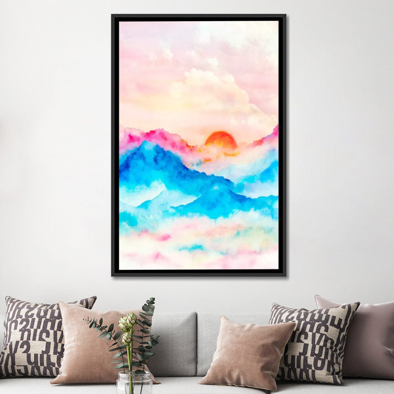 «Sunset II», reproduction d'aquarelle sur toile tendue, H 26 po x l 18 po x P 1,5 po, Toile avec cadre noir, Pas de tapis