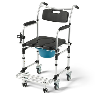 4-in-1 Bedside Commode Shower Wheelchair for Seniors and Disabled - Lockable Wheels, Detachable Bucket, Padded Seat and Armrests, Flip-Up Footrest, Black