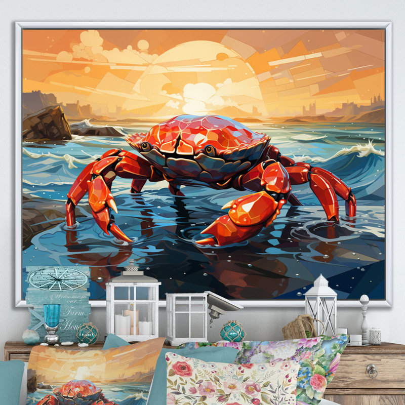 Crab Coastal Guardian Geometric - Animals Canvas Wall Art, H 12 po x l 20 po x P 1 po, Cadre flottant blanc
