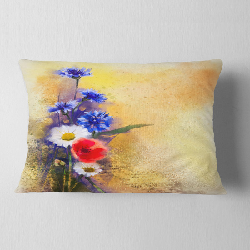 Coussin floral avec bouquet de fleurs de pavot et de marguerite, 12 po x 20 po