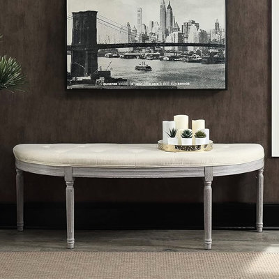 Beige Coastal Button Upholstered Bench With Weathered Gray Legs, Half Crescent Design For Space Optimization In Foyers, Structure, Easy To Clean, Requires Assembly, American Look, 55 Depth Shape -