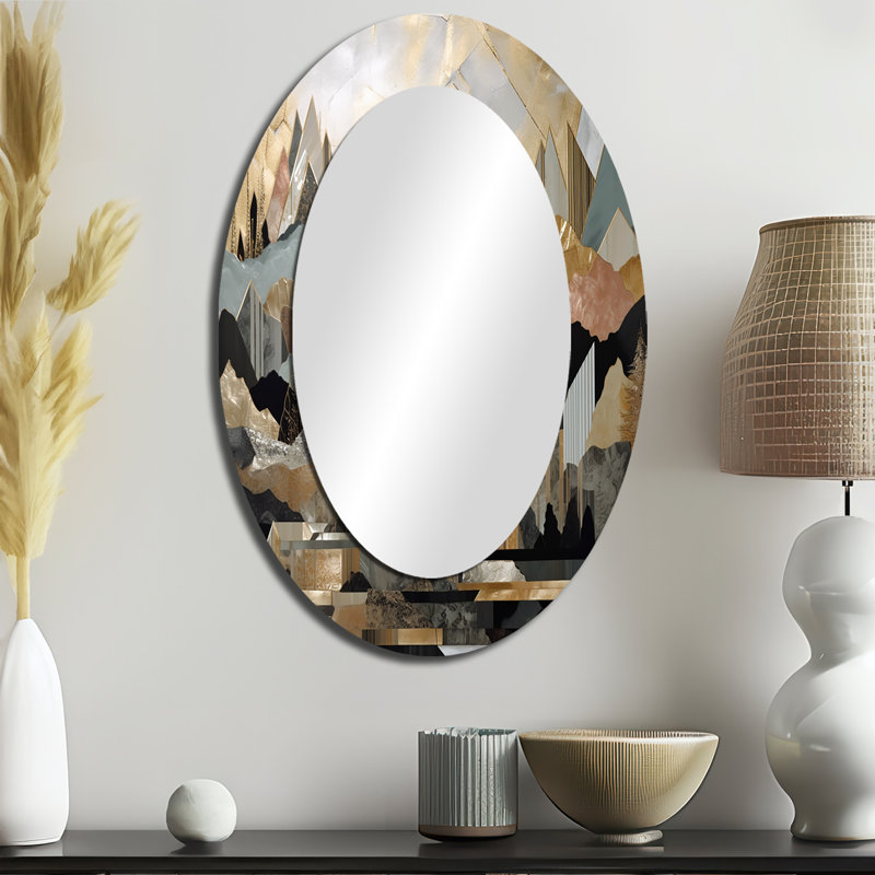 Grey And Gold Geometric Horizons I - Gray Modern Oval Wall Mirror, 36" x 24"