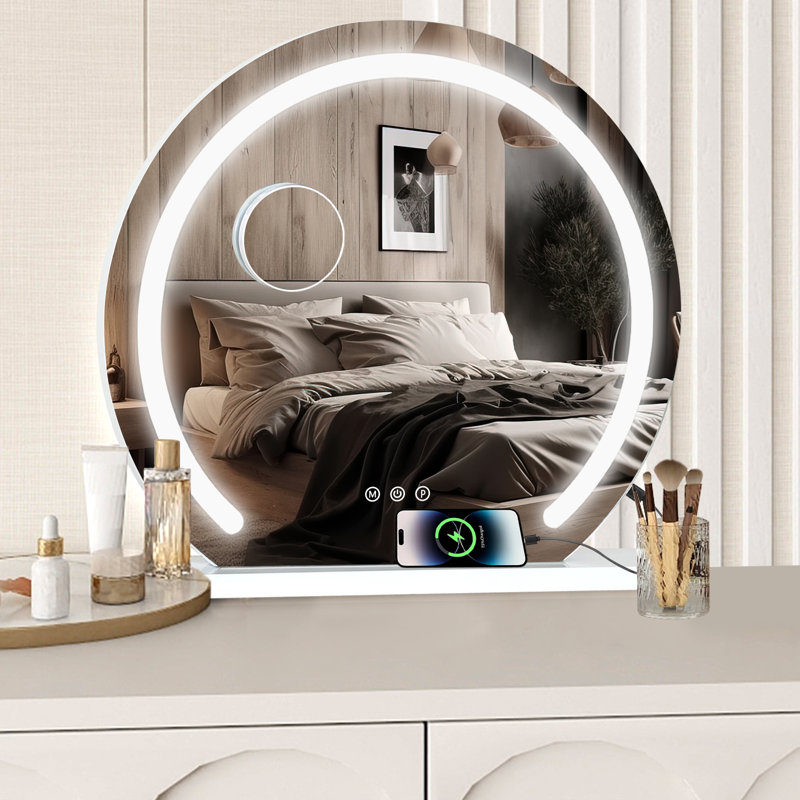 Makeup Mirror with 3 Color Lights, Makeup mirror with Dimmable LED Light Strip, Large Round Mirror, 50 cm H x 50 cm W