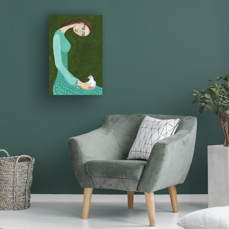 Art sur toile «Bachelor Sharyn Bursic», femme assise avec une colombe blanche, H 16 po x l 24 po