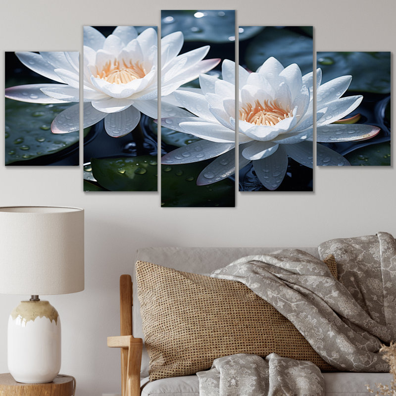 Champ de lotus blanc jaune II - décoration murale florale - 5 panneaux