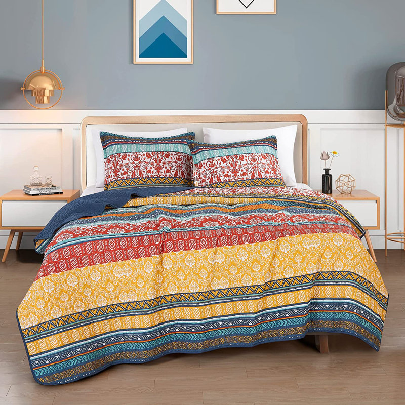 Amara Multicolor Bohemian Floral Stripe King Quilt Set