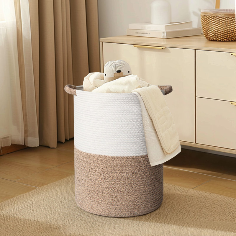Grand panier de rangement pour vêtements, panier à linge en corde de coton de 58 L avec poignées - Panier de rangement tissé à deux tons pour couvertures et jouets