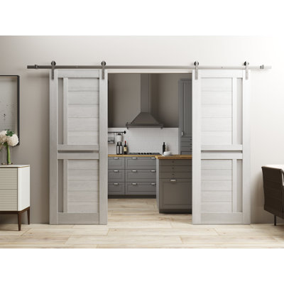 Sturdy Double Barn Door with Frosted Glass Veregio 7288 Light Grey Oak 13FT Rail Hangers Heavy Set Solid Panel Interior Doors-36" x 80" (2* 18x80)-Silver Rail