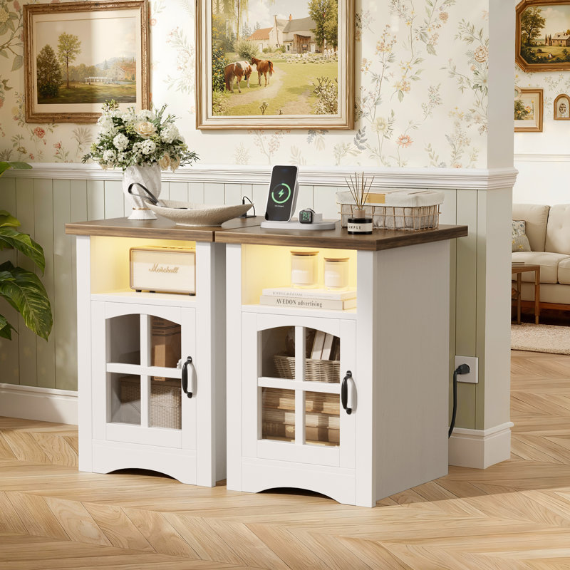 Farmhouse Nightstand with Color-Changing LED & 20W Fast Charging, Glass Door Bedside Table with Open Shelf, Night Stand for Bedroom or Living Room