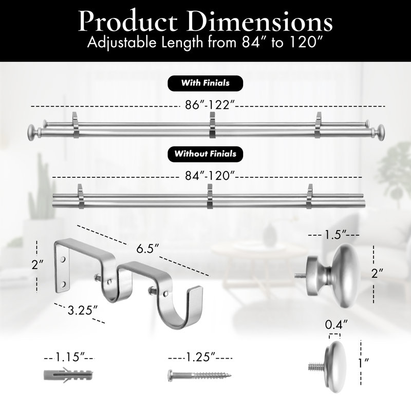 Tringle à rideaux double Aralee, Argent, 84" - 120"