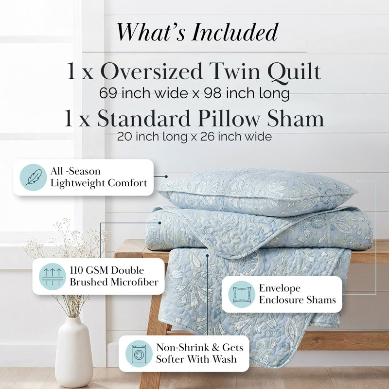 Grace Dark Blue Microfiber Quilt Set, Twin Quilt + 1 Standard Sham
