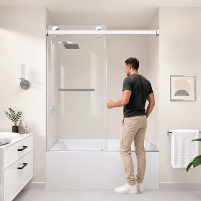 Porte de baignoire de douche coulissante double sans cadre en verre chromé transparent de 3/8 po de l 56 po x H 66 po Catalyst