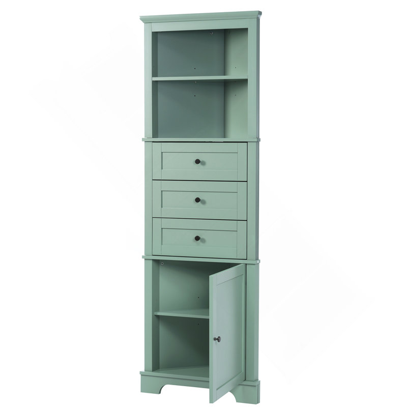 Triangle Tall Cabinet With 3 Drawers And Adjustable Shelves For Bathroom, Kitchen Or Living Room, Green
