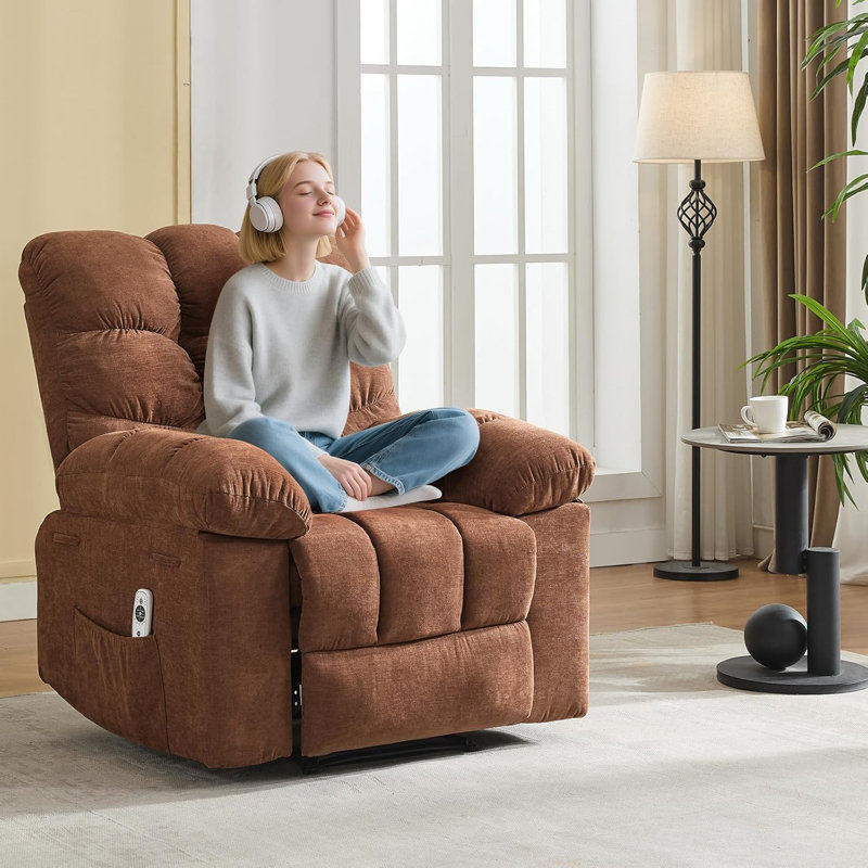 Ergonomic Recliner Chair with Wide Rocker, Overstuffed Breathable Fabric, Massage and Heat Function, Remote Control, 2 Side Pockets, Perfect for Living Room and Bedroom Comfort