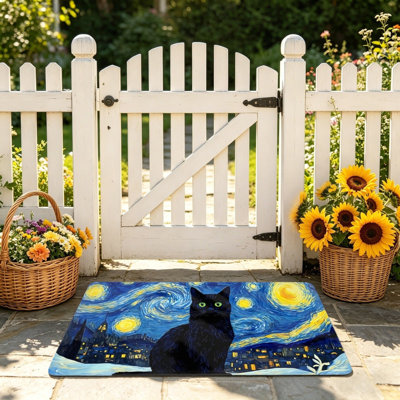 Van Gogh "Starry Night" Black Cat Doormat 24 x 36 in for Entrance Porch