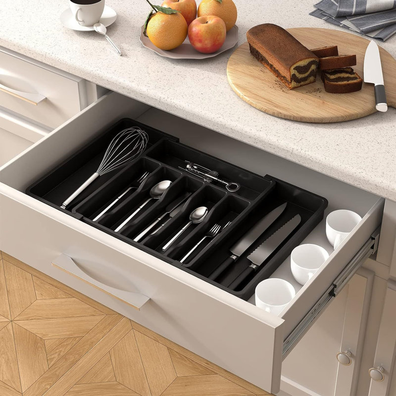 Organisateur de couverts réglable et extensible à 8 fentes pour ustensiles de cuisine, Noir, noir, noir, noir