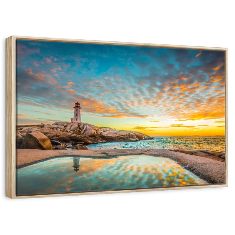 Coucher de soleil sur le phare de Peggy's Cove, Cadre flottant en bois naturel, 31 po x 21 po