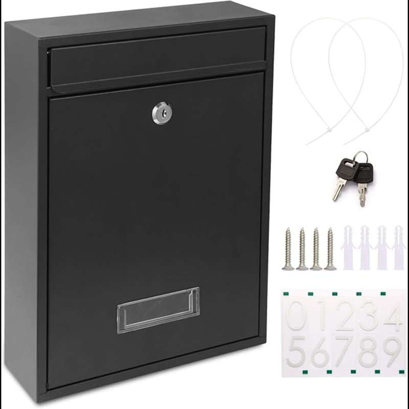 Locking Mailboxes For Outside, Wall Mount Mailbox With Key And Three Sets 0-9 Reflective Sticker Numbers, Large Capacity Anti-Rusting Metal Postbox 13.8X 10.8X 3.25 Inch Black