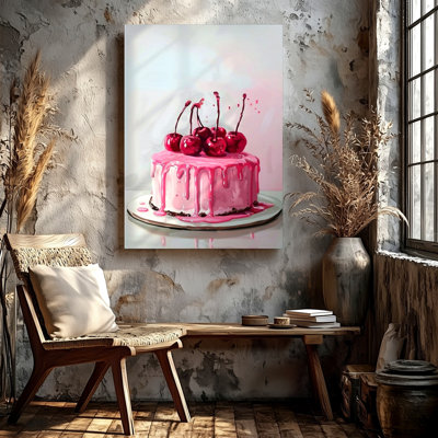 Pink Drip Cake with Cherries Dessert Kitchen Canvas Wall Art Print, Decorative Contemporary Decorative Art Artwork for Living Room Bedroom Office Hallway Apartment Gallery Wall Home Decor