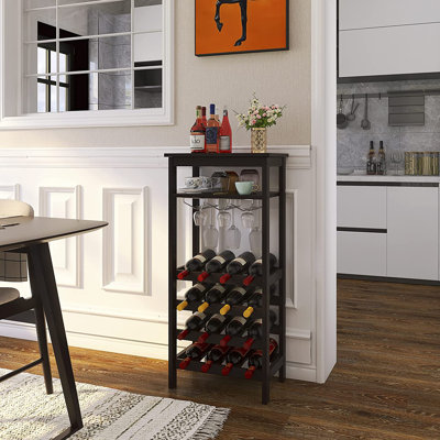 Igikpak 16 Bottle Floor Wine Bottle & Glass Rack in Black