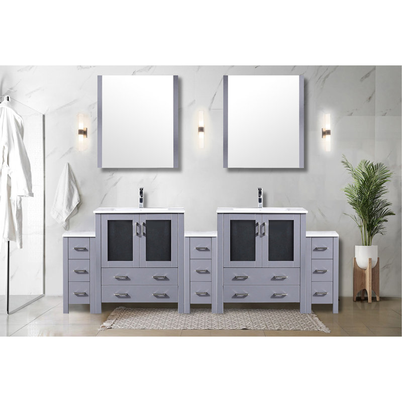 Meuble-lavabo double gris foncé de 96 po En largeur, armoires latérales, comptoir en céramique blanche, 28 miroirs et robinet, surface large pour la salle de bain avec robinet en acier inoxydable,