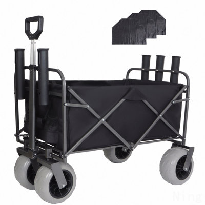 Chariot de pêche avec porte-cannes, chariot de plage avec grandes roues pour le sable, capacité de 500 lb - Chariot tout-terrain à structure en acier avec pneus pneumatiques de 9 po, sangle avec sac multiusage, noir