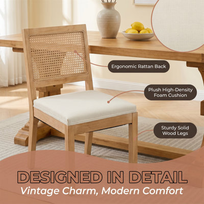 Wicker Dining Chairs (set of 2), with Beiges Cushions, Rubberwood Frame, Rustic-style Chairs, Mid-century Modern Kitchen Chairs