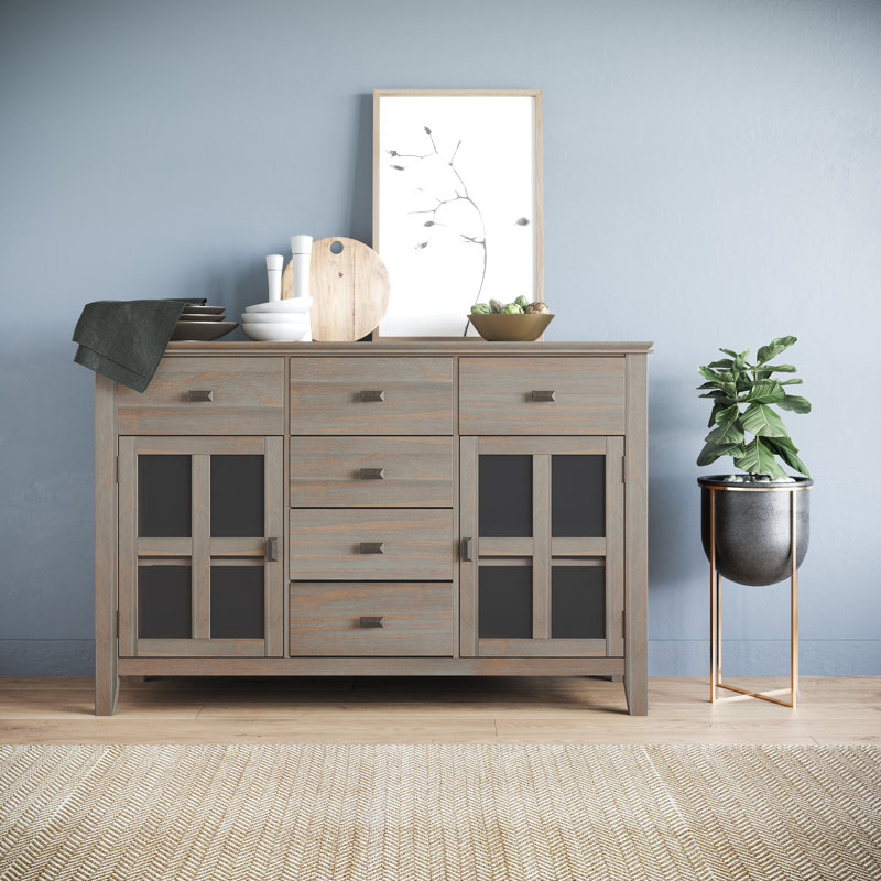 Buffet en bois massif de 54 po de largeur avec portes en verre trempé et 6 tiroirs Artisan, Gris délavé