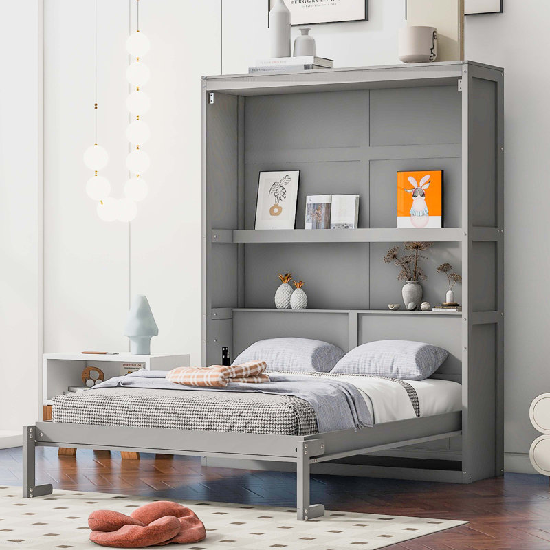 Murphy Bed Wall Bed With Shelves, Full, Gray