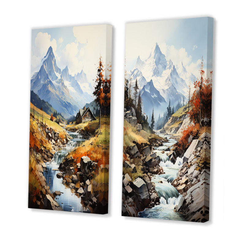Alpine Nostalgia Creek Landscape - Mountains, ensemble d'art mural sur toile, ensemble de 2, Toile tendue, H 40 po x l 41 po