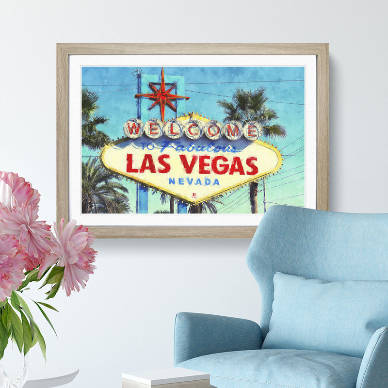 The Welcome to Las Vegas Sign - Picture Frame Painting Print on MDF, 24cm H x 33cm W x 2cm D, Oak Framed