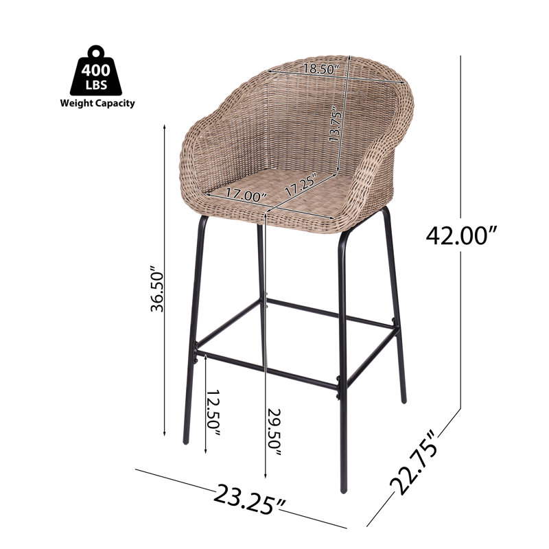 Tabouret de bar d'extérieur en métal et osier brun clair Ladd, ensemble de 2, Marron clair