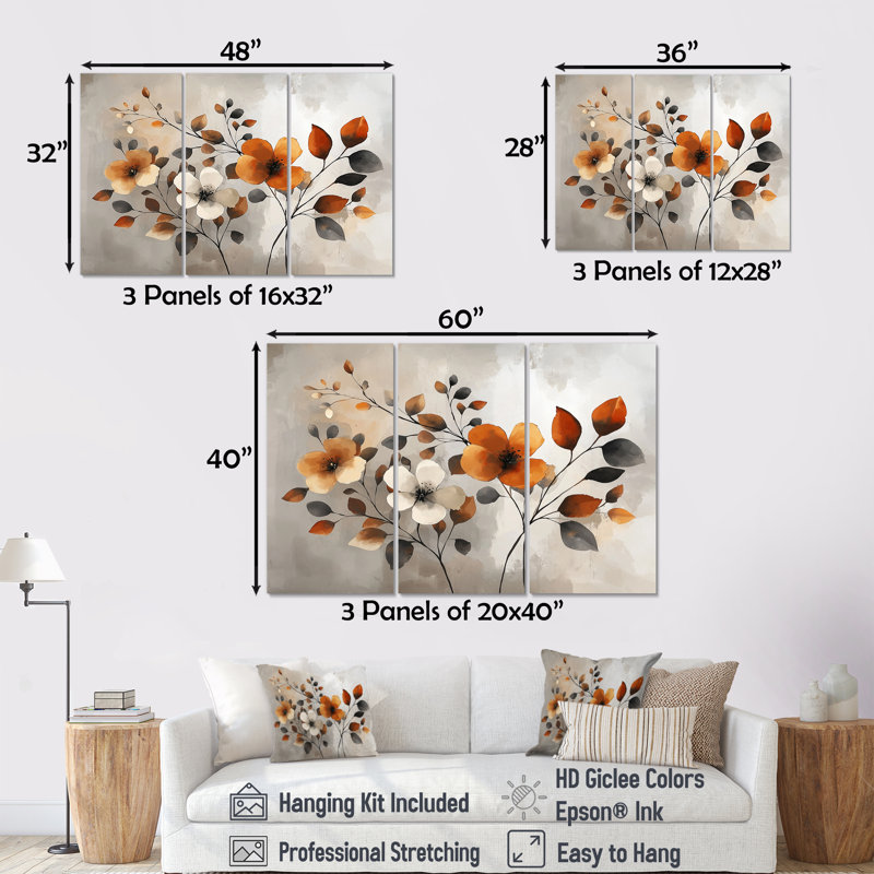 Fleurs de cerisier orange gris botanique VI - ensemble de reproductions d'art mural cerisier en fleurs, Toile tendue