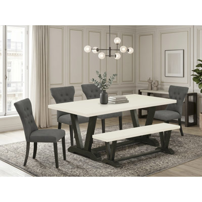 L'ensemble de salle à manger 6 pièces se compose d'une table de cuisine en lin blanc cassé, d'un banc de salle à manger et de 4 chaises de salle à manger en tissu de lin gris foncé Gotham avec dossier capitonné - finition noire brossée