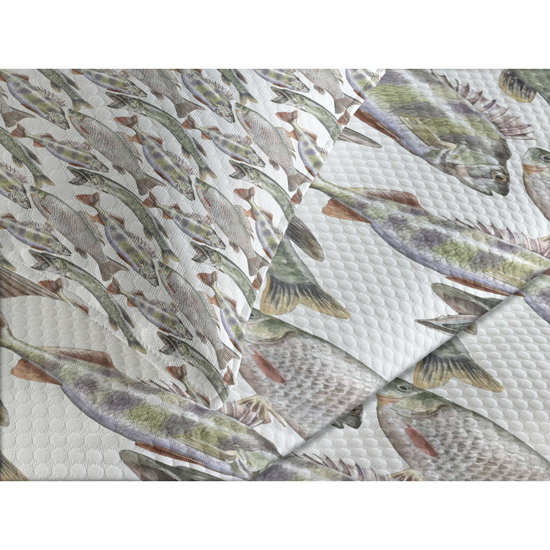White Quilted Queen Bedspread Set with Fish Design