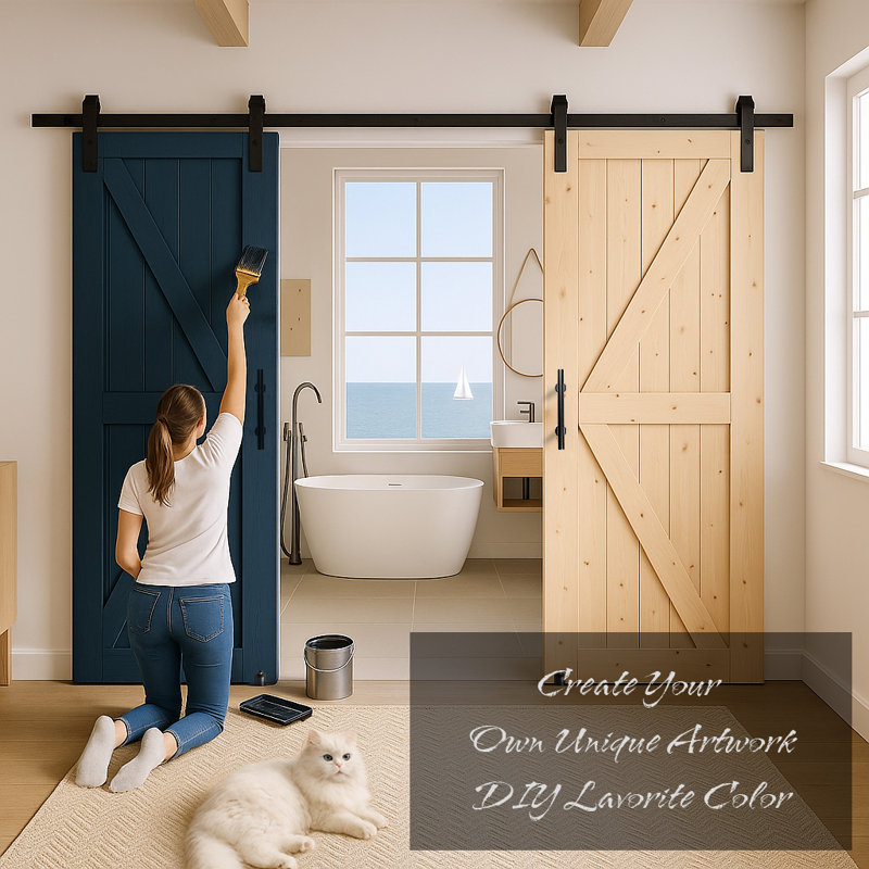 Paneled Wood Unfinished Double Barn Door with Installation Hardware Kit, 48" x 84"