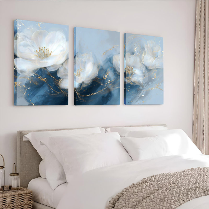 Ensemble de 3 tableaux abstraits floraux blancs sur toile tendue, pour la décoration du salon, H 18 po x l 36 po