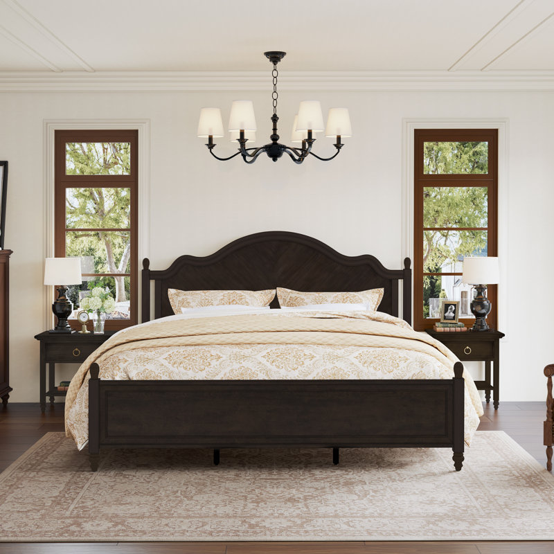 Lit en bois massif de style Mid-Century moderne avec tête de lit à motif de chevrons, Très grand, Noir rétro