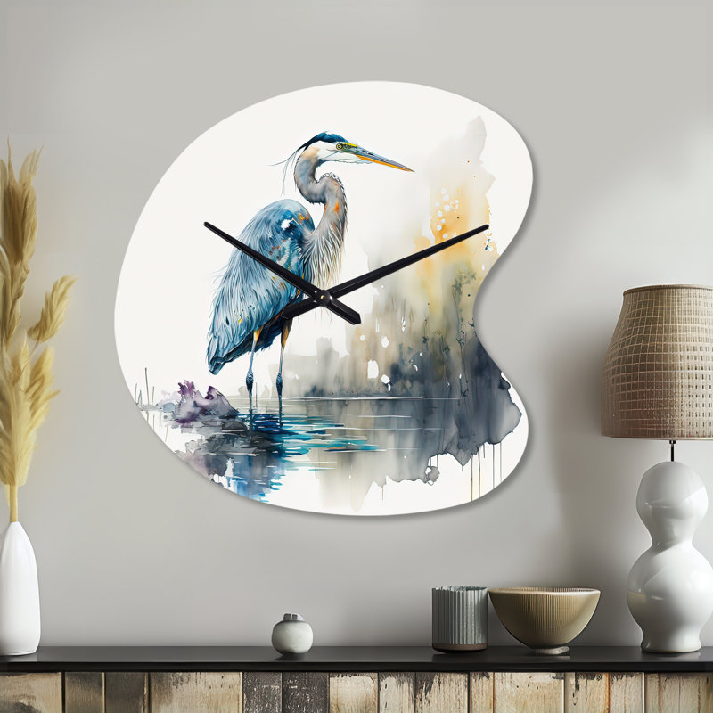 Mignon héron dans un lac, art floral III - Héron, forme unique en métal, horloge murale asymétrique moderne, Grand