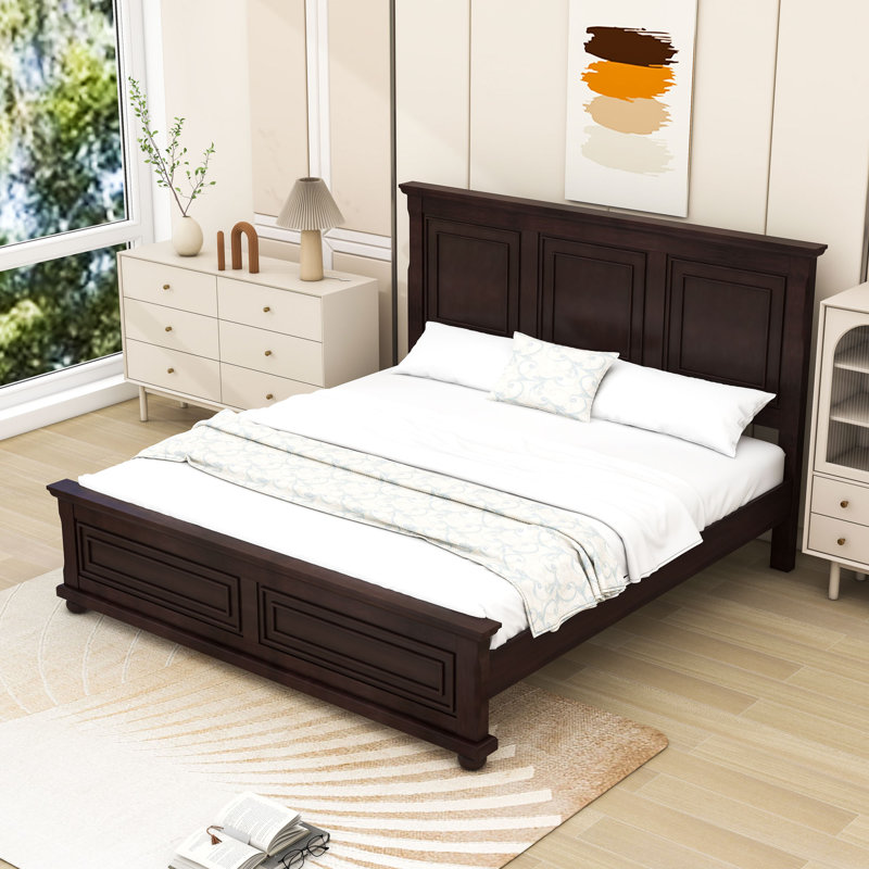 Vintage Wood Platform Bed with Headboard, Brown, King